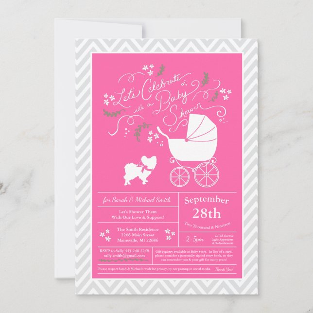 Invitation Papillon Chien Baby shower fille rose (Devant)