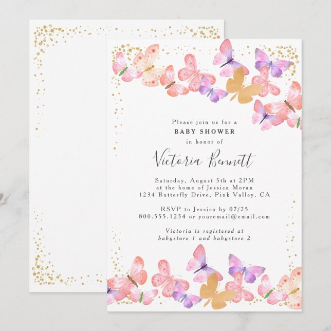 Invitation Papillon Ciel Coral Or Baby shower Confetti (Devant / Derrière)