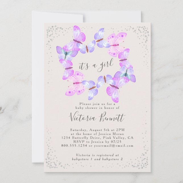 Invitation Papillon Ciel rose C'est un Baby shower de fille (Devant)