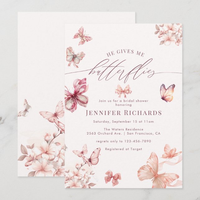 Invitation Papillon Coquette | Fête des mariées des papillons (Devant / Derrière)