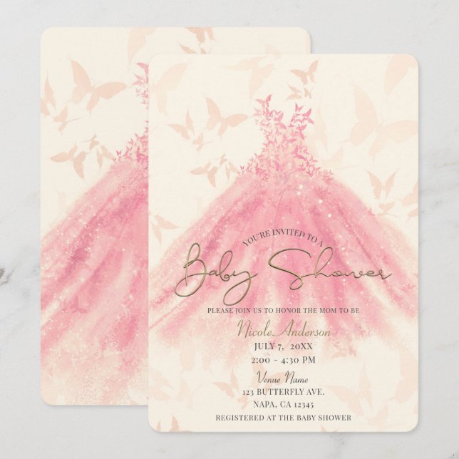 Invitation Papillon Dance Peach Sparkle Baby shower robe (Devant / Derrière)