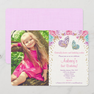 Invitation Papillon d'anniversaire rose or violet photo