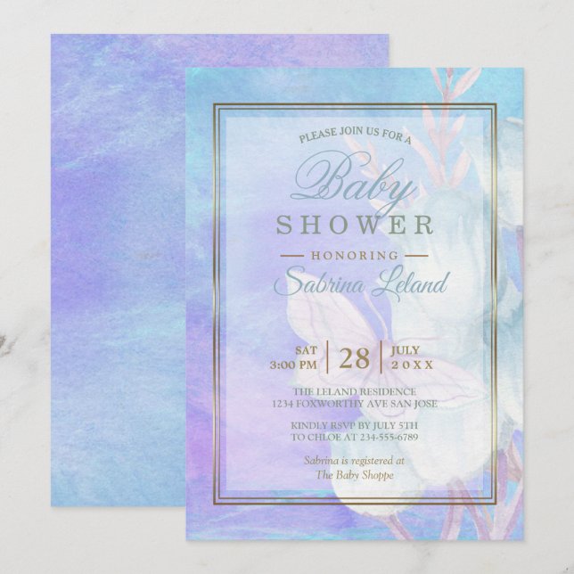 Invitation Papillon d'aquarelle baby shower et tulipes bleues (Devant / Derrière)