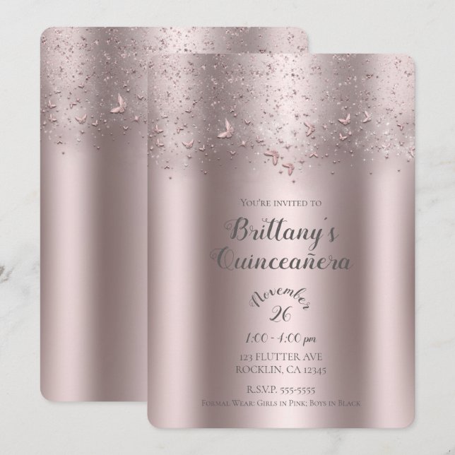 Invitation Papillon de battement rose de Shimmer Quinceañera  (Devant / Derrière)