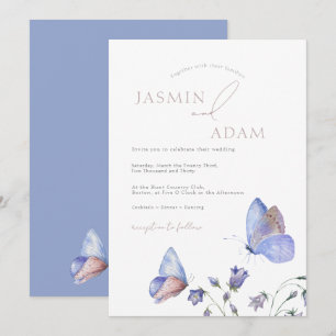 Invitation Papillon de Fleur Sauvage Monogramme Bleu Poussiér