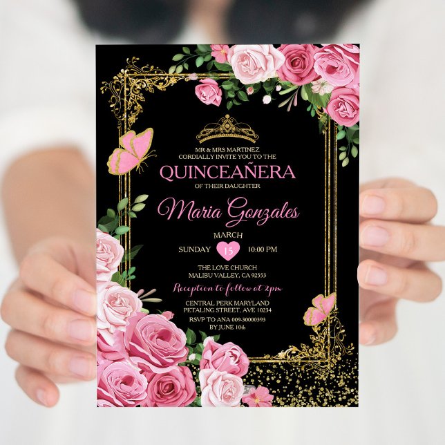 Invitation Papillon de la couronne de Quinceañera rose noir 1 (Créateur téléchargé)
