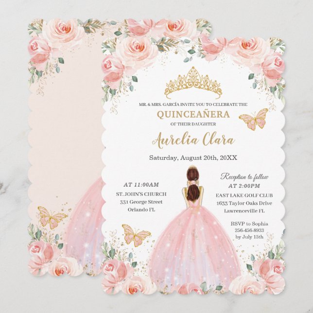 Invitation Papillon de la Couronne d'or rose pâle Quinceañera (Devant / Derrière)