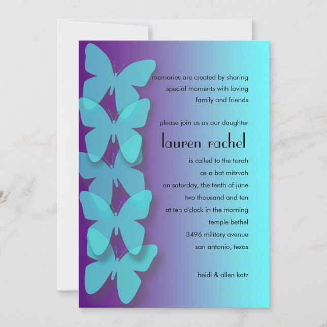 Invitation Papillon Dimensional bat mitzvah Turquoise violet (Devant)