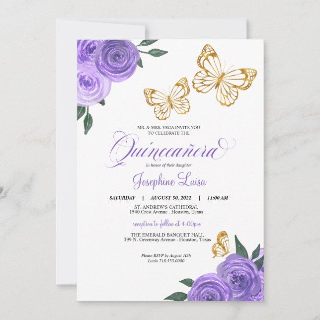 Invitation Papillon doré violet Rose Quinceañera Anniversaire (Devant)