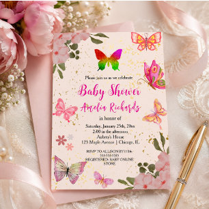 Invitation Papillon élégant fille anniversaire or rose violet