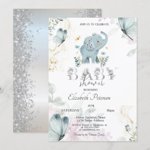 Invitation Papillon éléphant bébé paillettes argent Baby Show