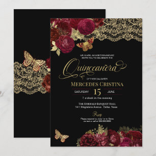 Invitation Papillon en dentelle or de Roses rouges de Bourgog