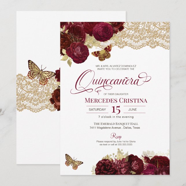 Invitation Papillon en dentelle or de Roses rouges de Bourgog (Devant / Derrière)
