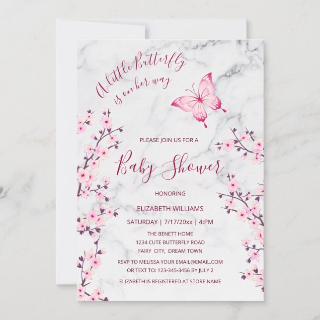 Invitation Papillon en marbre rose gris | Baby shower fille (Devant)