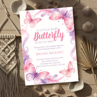 Invitation Papillon En Route Rose Violet Aquarelle Bébé