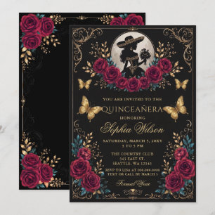 Invitation Papillon Fleur Rouge Or Noir Charra Quinceañera