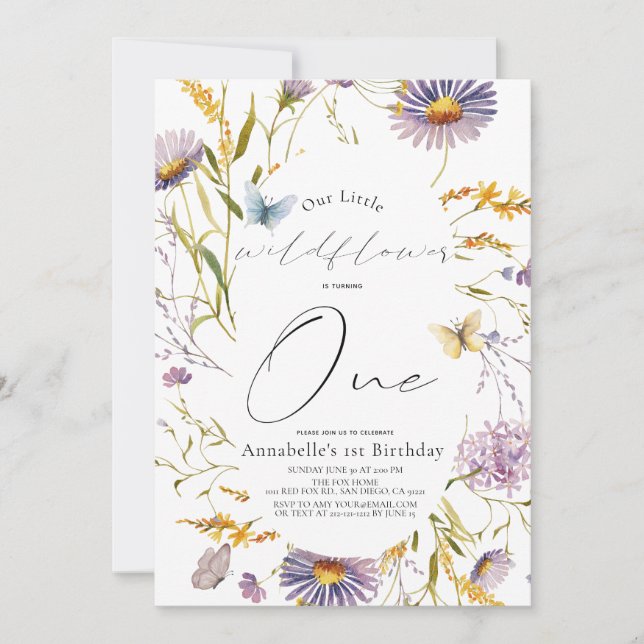Invitation Papillon fleur sauvage Purple Girl 1er anniversair (Devant)