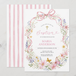 Invitation Papillon fleur sauvage rose Croix de baptême