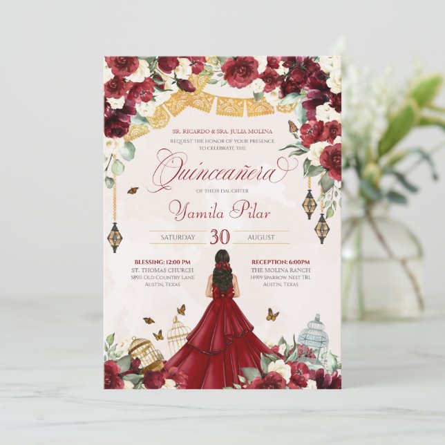 Invitation Papillon floral blanc rouge Élégant Quinceanera V2 (Debout devant)