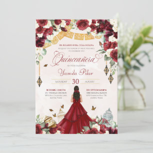 Invitation Papillon floral blanc rouge Élégant Quinceanera V2