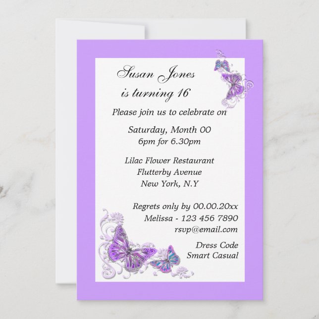 Invitation Papillon floral bleu violet PERSONALISER (Devant)