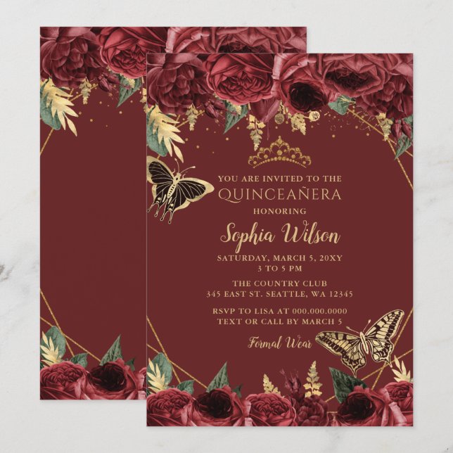 Invitation Papillon floral de Bourgogne Quinceañera Quince (Devant / Derrière)