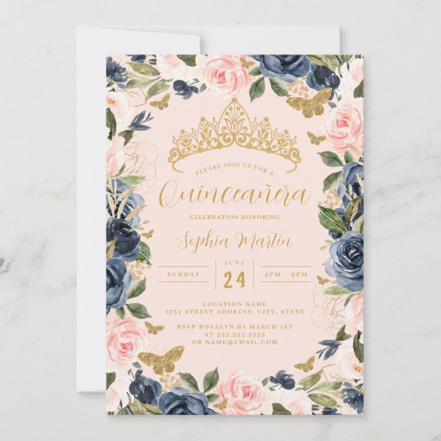 Invitation Papillon floral de la marine rose or photo Quincea (Devant)