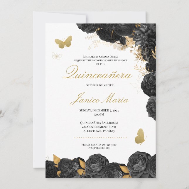 Invitation Papillon floral noir & or Elégant Quinceañera (Devant)