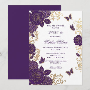 Invitation Papillon Floral Or Rose 16 Ans