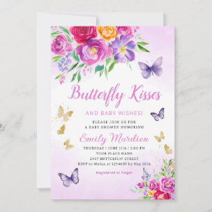 Invitation Papillon floral pourpre Baisers Baby shower fille