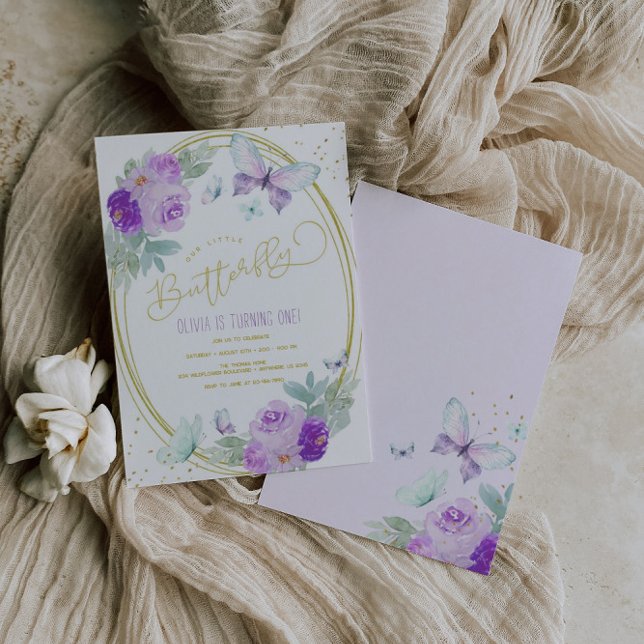 Invitation Papillon floral pourpre et or Anniversaire (Créateur téléchargé)