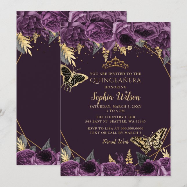 Invitation Papillon floral pourpre or Quinceañera (Devant / Derrière)