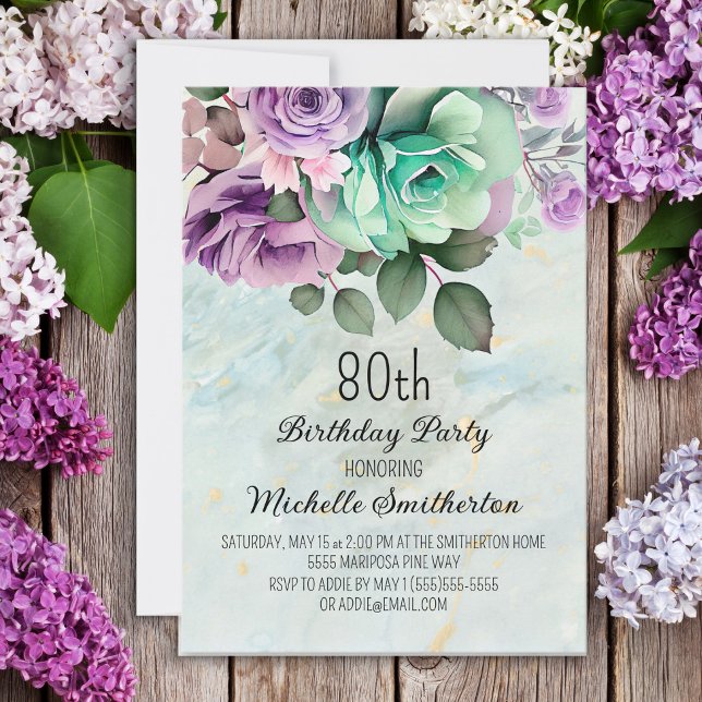 Invitation Papillon floral pourpre vert Mint 80e anniversaire (Créateur téléchargé)