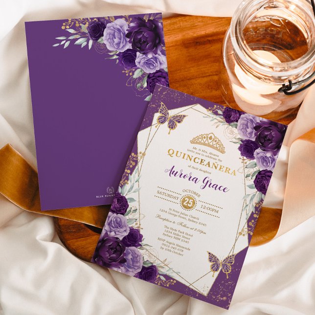 Invitation Papillon Floral Quinceañera Violet Or Géométrique (Créateur téléchargé)