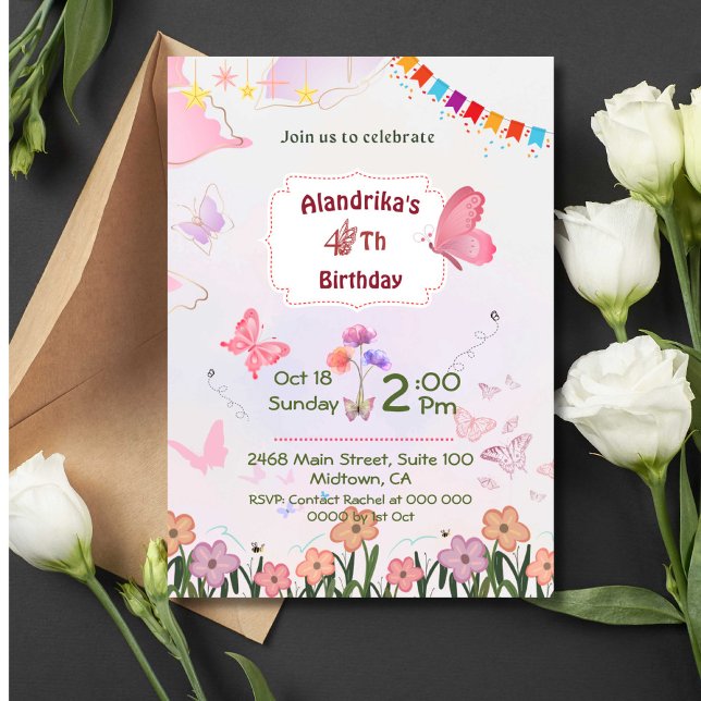 Invitation Papillon floral rose et blanc 4ème anniversaire mo (Créateur téléchargé)