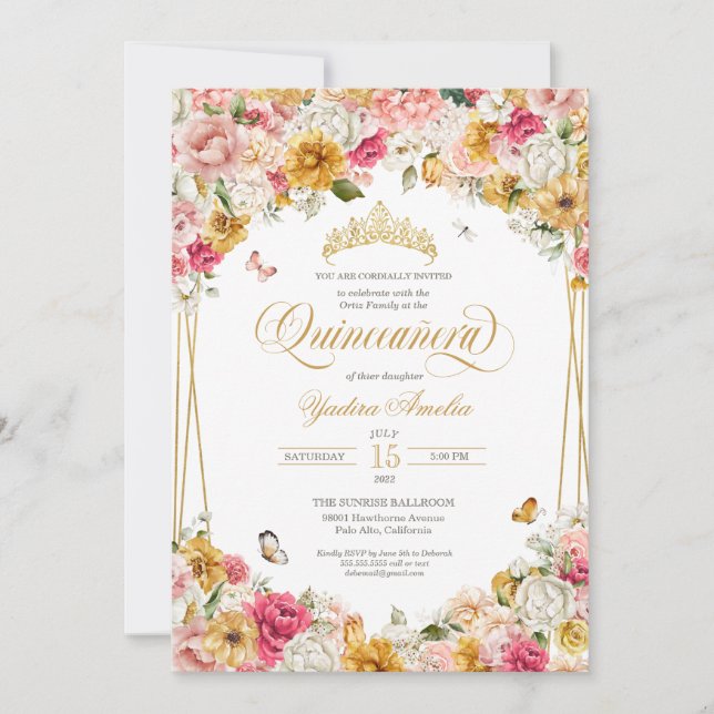 Invitation Papillon floral rose pâle Quinceanera (Devant)