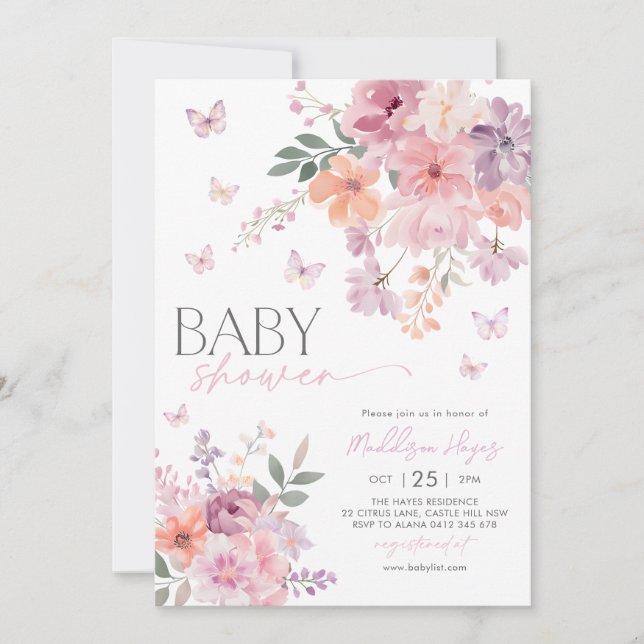 Invitation Papillon floral rose Pêche violet Baby shower (Devant)
