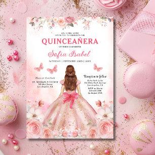 Invitation Papillon floral rose rose pâle Quinceañera