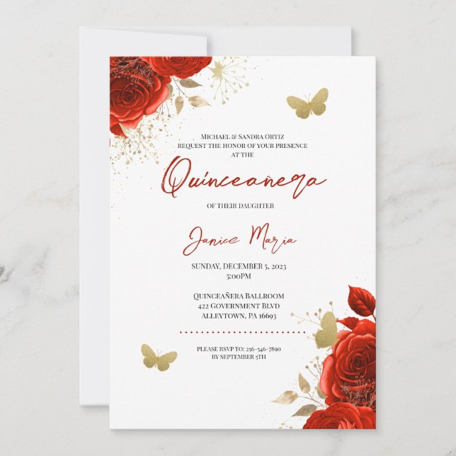 Invitation Papillon floral rouge et or élégant Quinceañera (Devant)