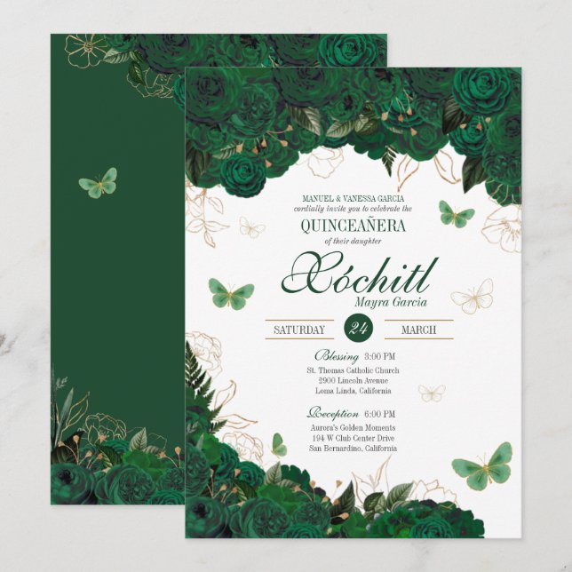 Invitation Papillon floral vert et or élégant Quinceanera (Devant / Derrière)
