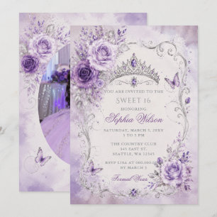 Invitation Papillon floral violet argenté Photo Sweet 16