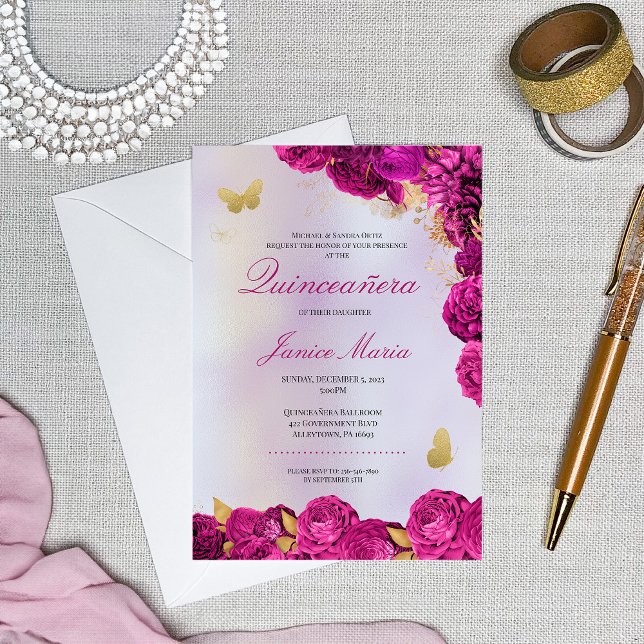 Invitation Papillon floral violet élégant Quinceañera (Créateur téléchargé)