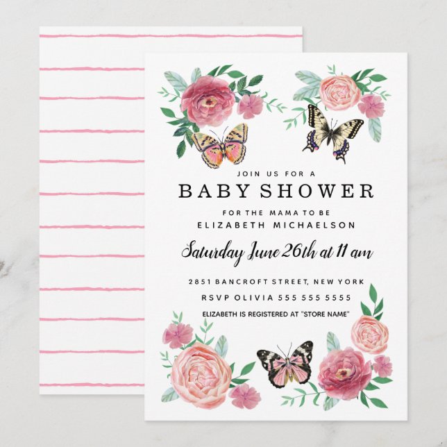 Invitation Papillon Florals rose bébé Baby shower fille (Devant / Derrière)