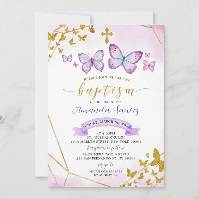 Invitation Papillon géométrique violet et or Baptême Invita (Devant)