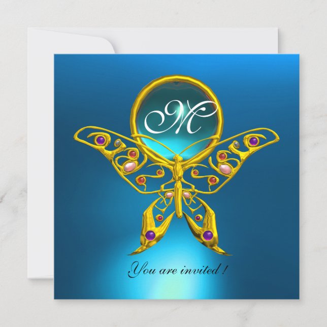 Invitation PAPILLON HYPER MONOGRAMME, bleu turquoise aigue-ma (Devant)