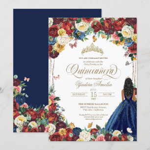 Invitation Papillon Jardin Bourgogne bleu Floral Quinceanera