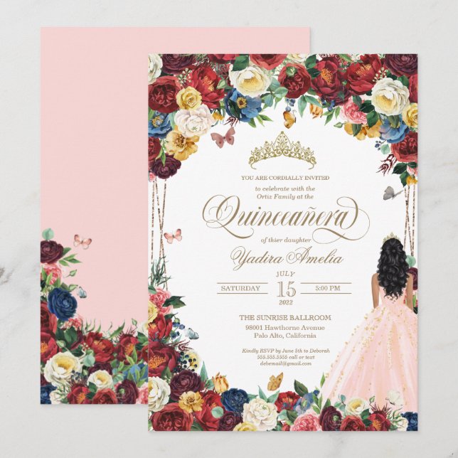 Invitation Papillon Jardin rose pâle Quinceanera (Devant / Derrière)