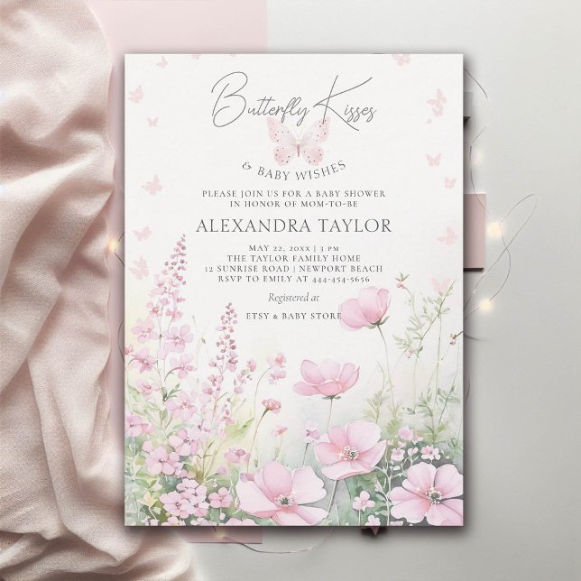 Invitation Papillon Kiss rose Fleurs sauvages Baby Girl Douch (butterfly kisses pink wild flowers garden girl baby shower template)