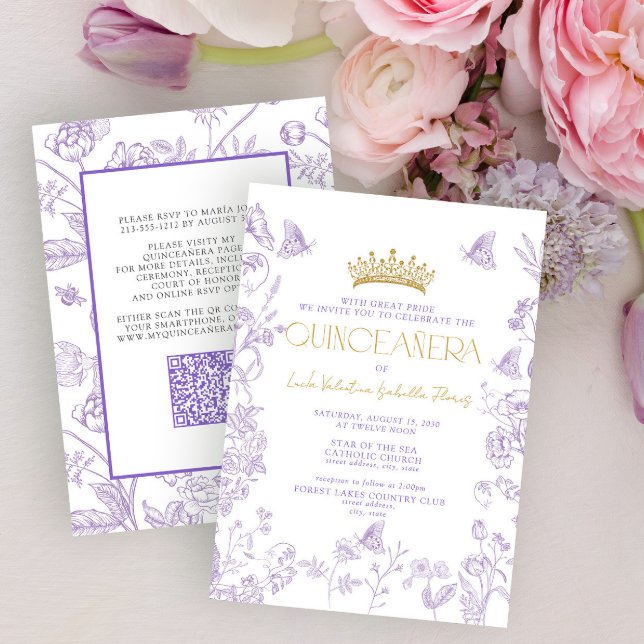 Invitation Papillon Lavande Or QR Quinceañera Quince Años (Créateur téléchargé)
