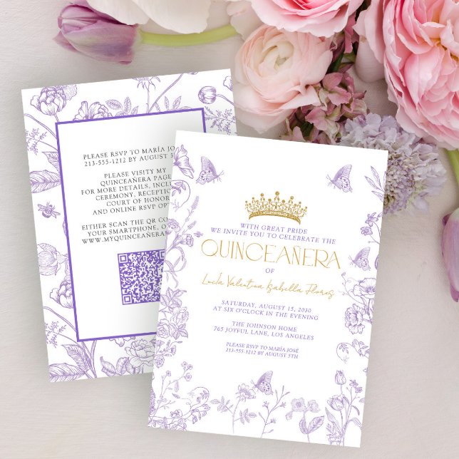 Invitation Papillon lavande or Quinceañera QR Quince Años (Créateur téléchargé)